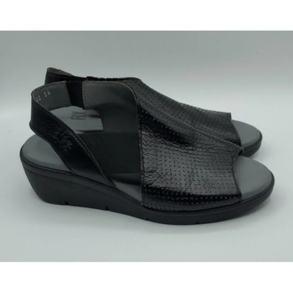 Fly London Women's Black Corners Sandal Peep Toe Size 36 US 5.5 - 6